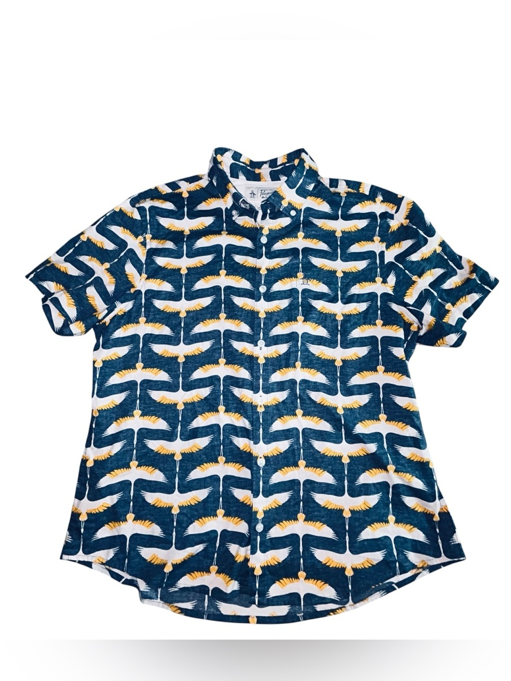 Men's Short Sleeve Navy & Yellow Crane Print Button-Up Shirt size large